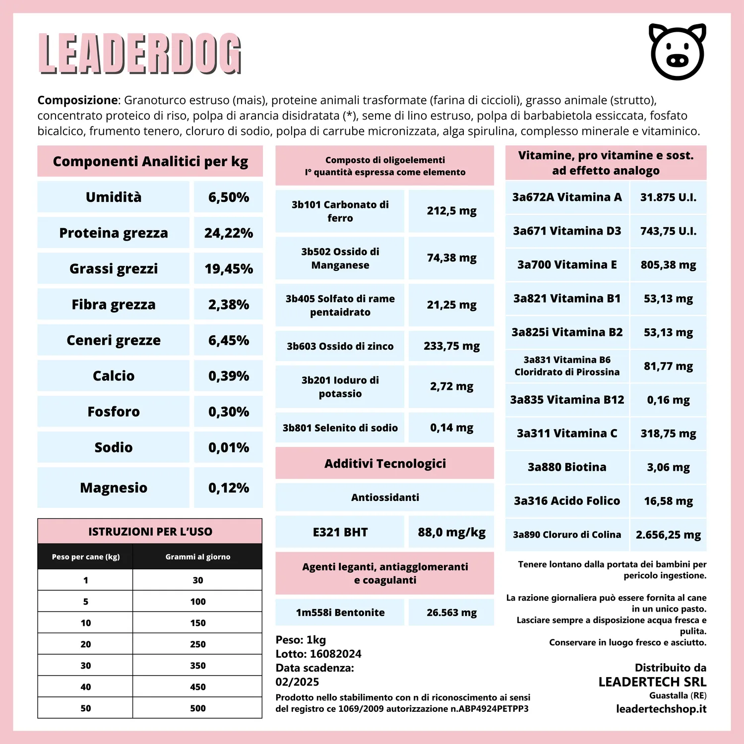 Leadertech Leaderdog Mantenimento crocchette maiale 20 kg