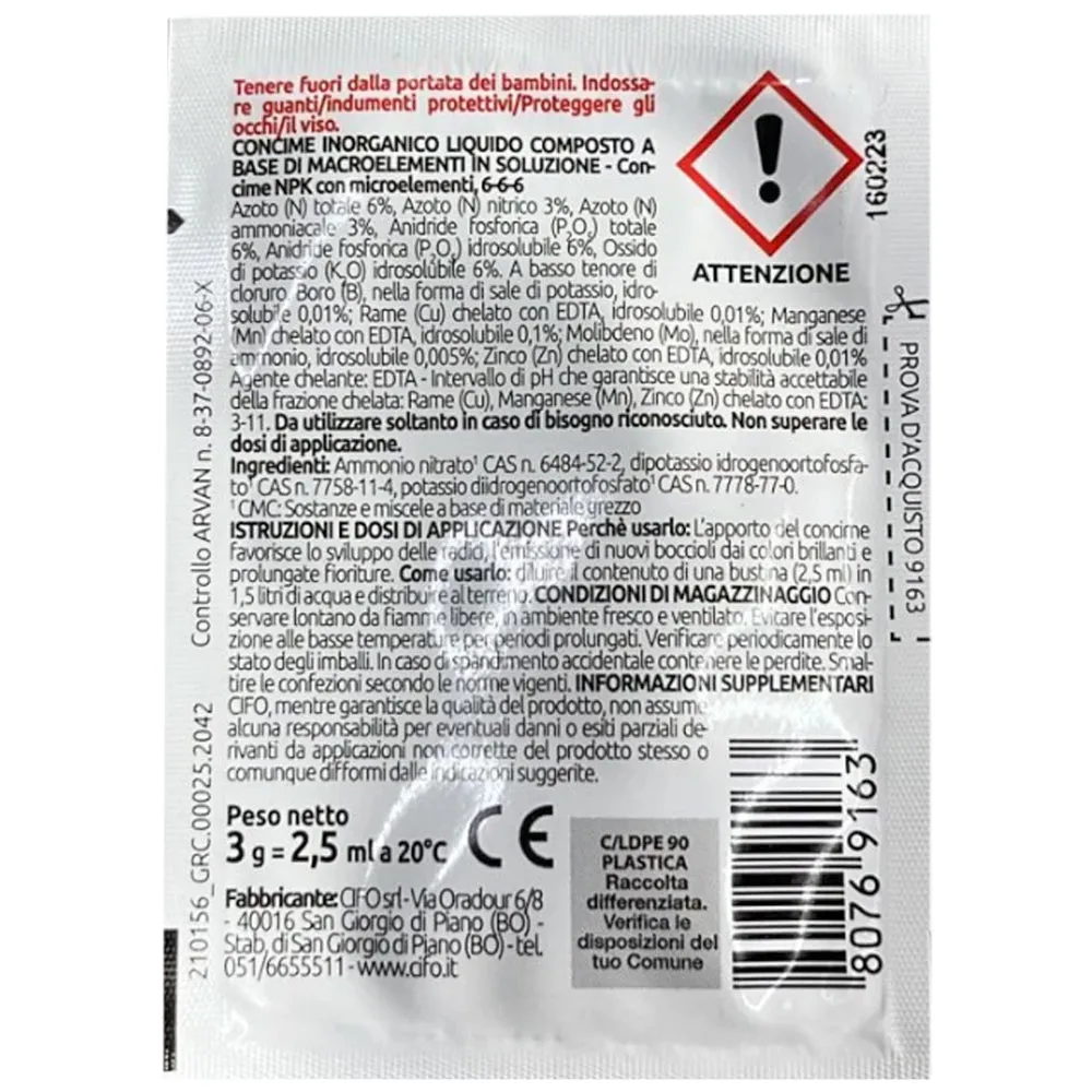 Cifo concime liquido orchidee 2,5 ml NPK 6-6-6 microelementi