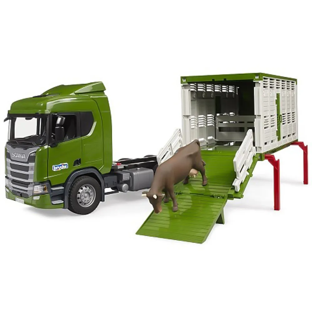 Bruder Scania Super 560R camion trasporto animali giocattolo toro