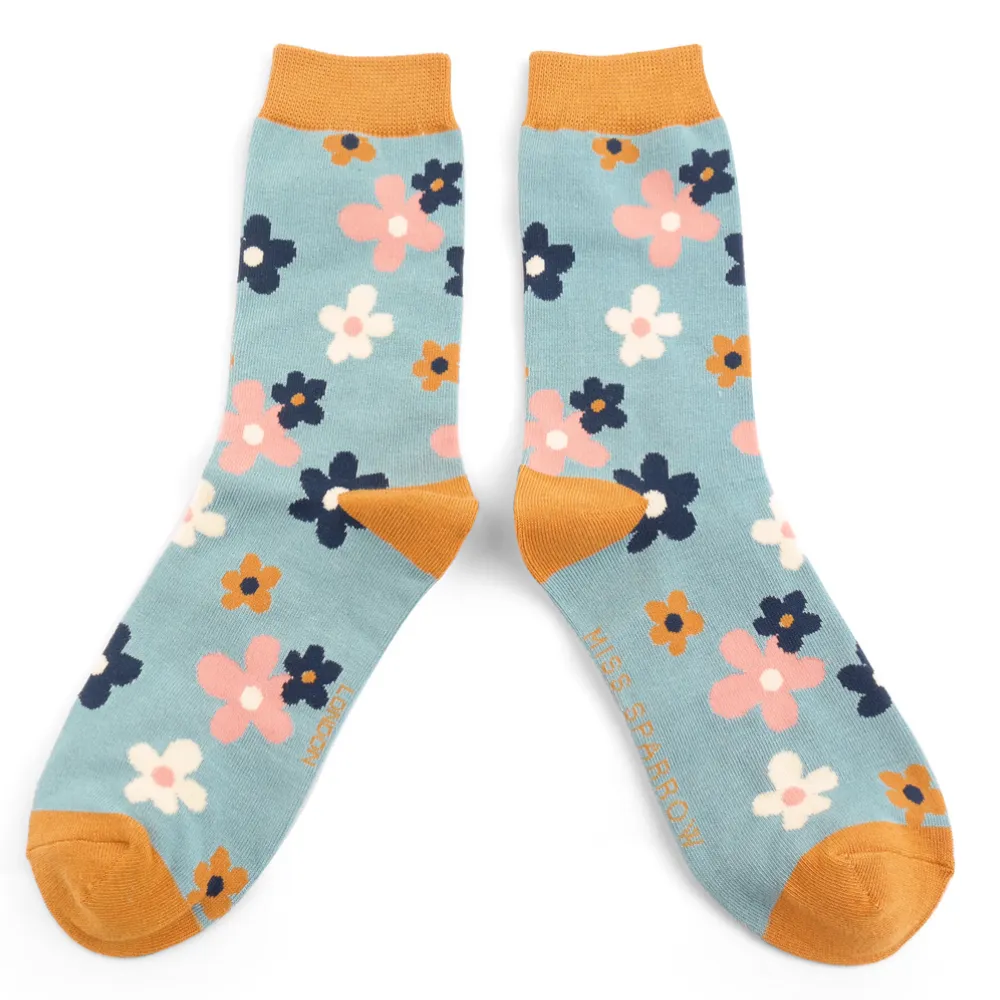 Miss Sparrow Flowers calze bamboo donna fantasia fiori blu