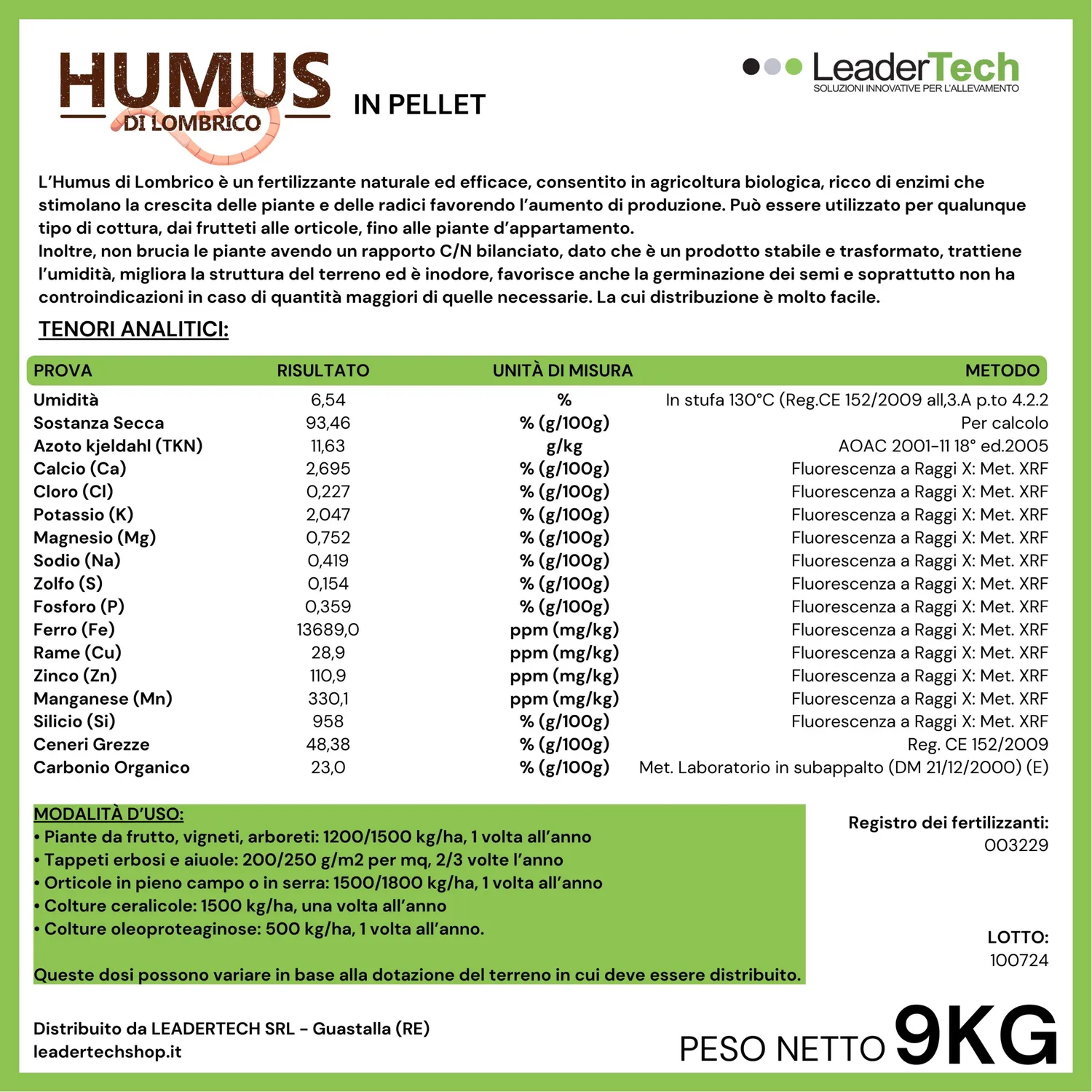 Leadertech Humus Lombrico pellet concime 9 kg bio