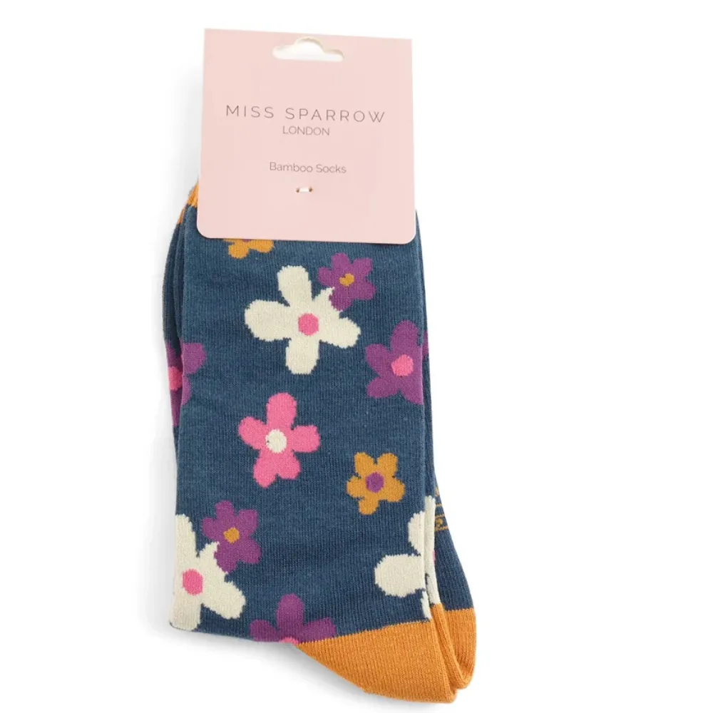 Miss Sparrow Flowers calze bamboo donna fantasia fiori blu