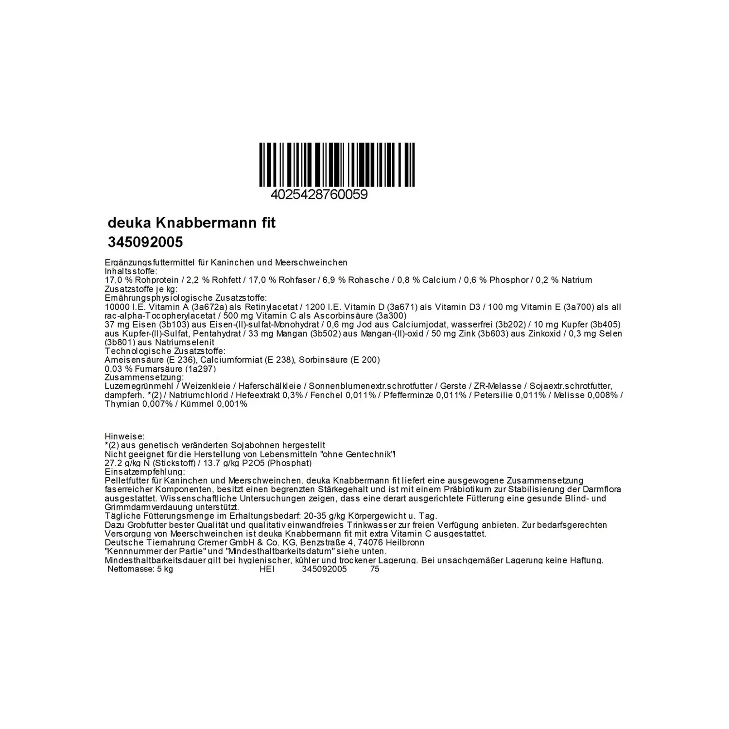 Deuka Knabbermann Fit mangime conigli e cavie 5 kg