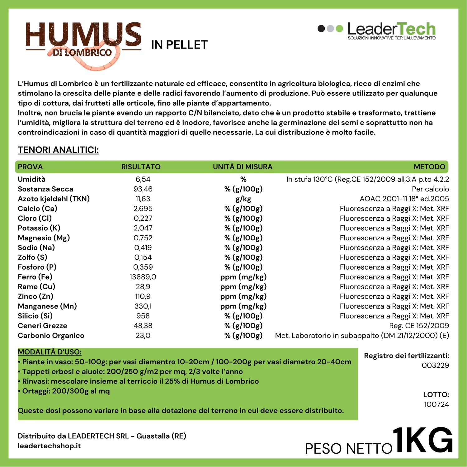 Leadertech Humus di Lombrico Pellet concime 1 kg naturale
